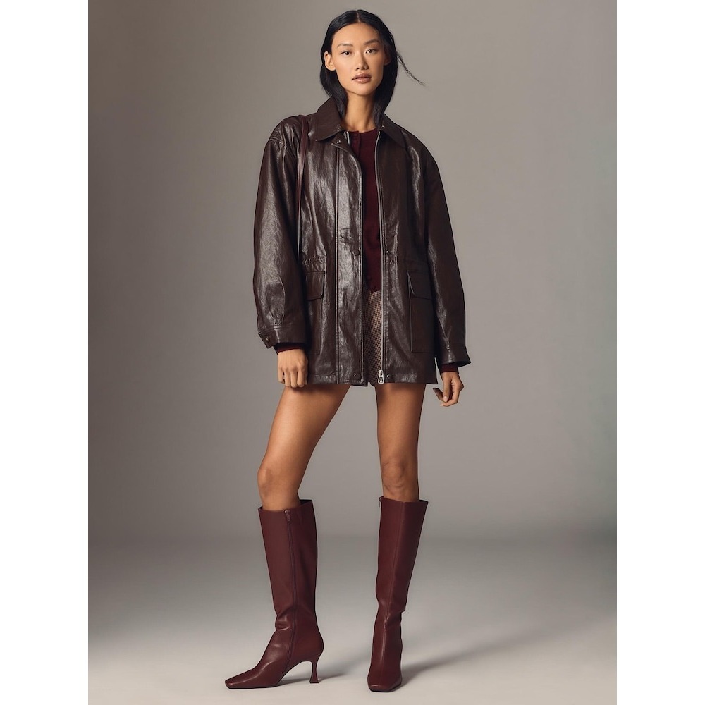 NEW Anthropologie Cinched Waist Faux Leather Jacket Chocolate Brown Small